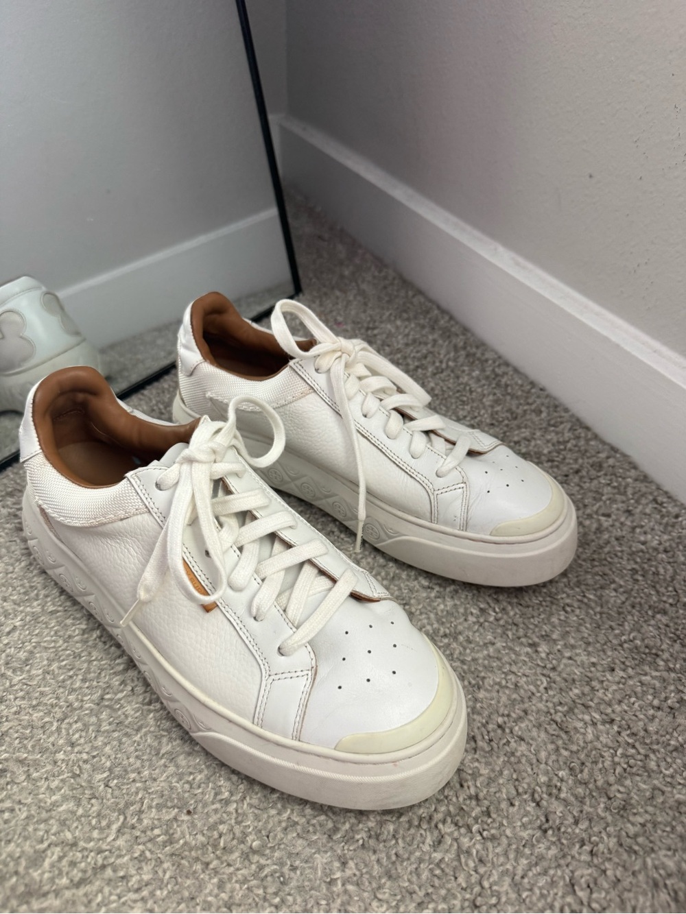 Tory Burch White Leather Ladybug Platform Sneakers with Tan Lining
